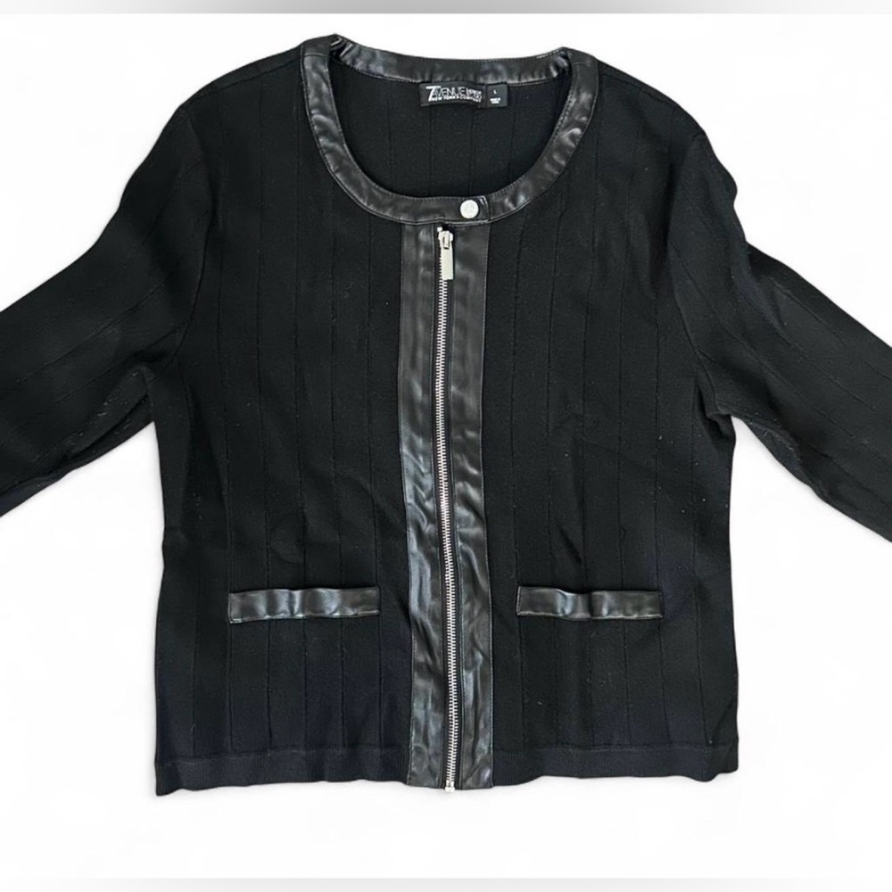 NY & Co 7th Avenue Black Zip Cardigan Jacket Faux Leather Trim Large Moto Style - Picture 3 of 6